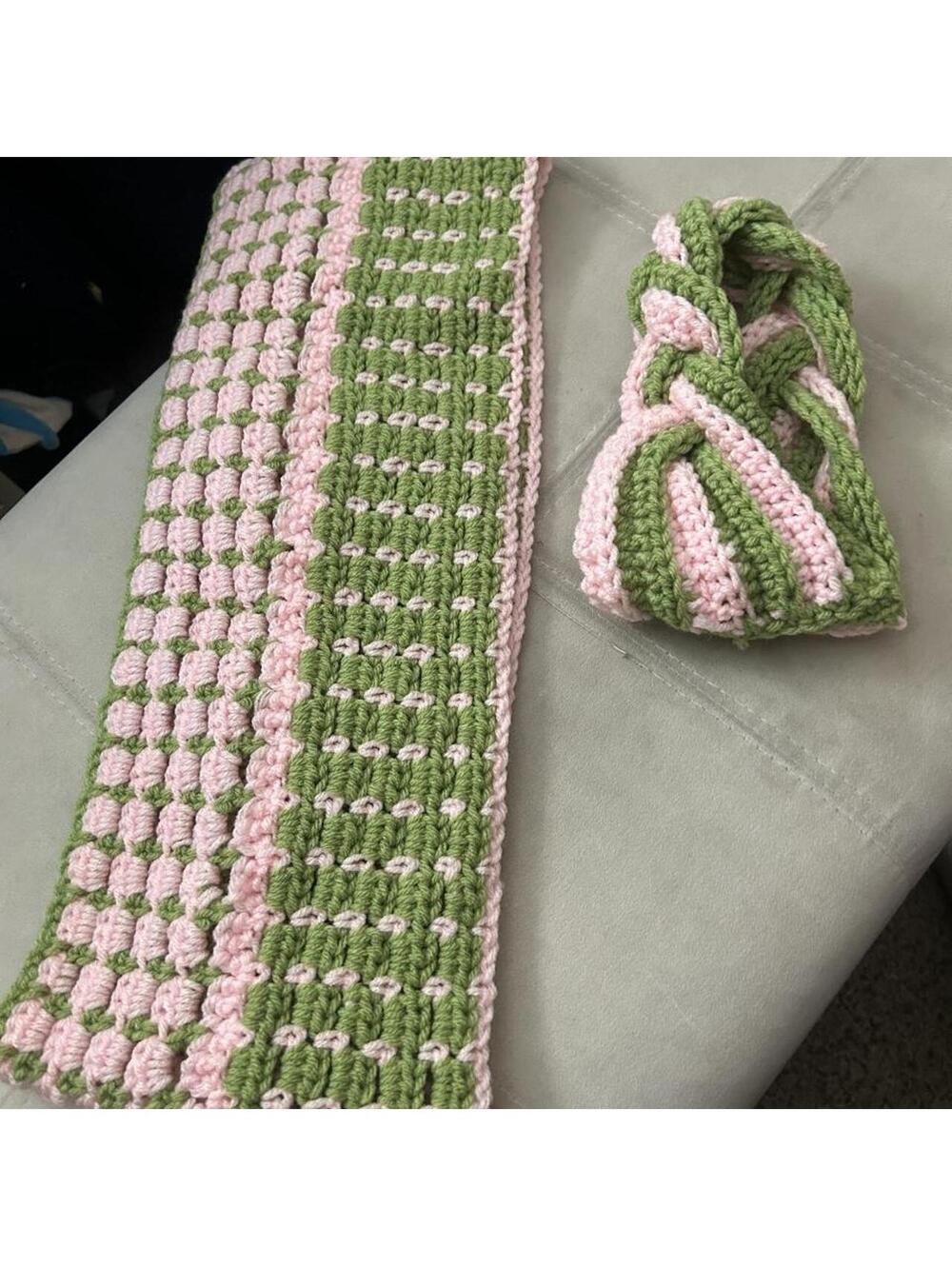 Handmade crochet AKA sorority pink/green with alternating textured stripes
